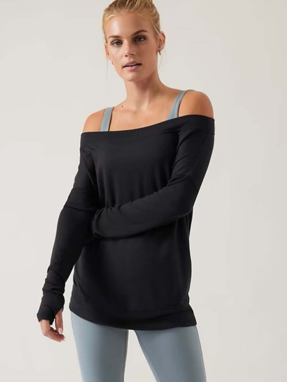 Athleta Studio Barre Sweatshirt black SP off shoulder boatneck activewear